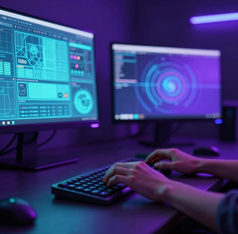 Hyper-realistic cinematic render of a digital designer working in a dark room illuminated by vibrant cyan and violet screens, macro detail