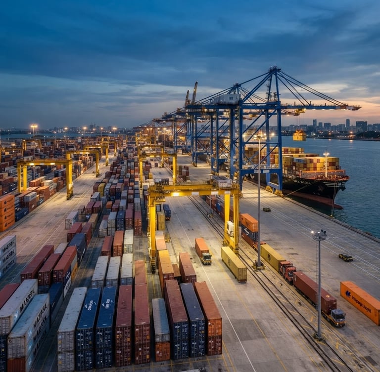 Wide-angle crisp architectural shot of a modern container terminal at dusk, automated cranes loading cargo, soft industrial lighting, sharp focus.
