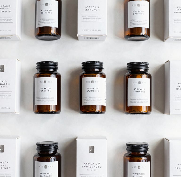 A crisp flat-lay of premium packaged wellness and Ayurvedic skincare goods in structured amber glass jars and minimalist white boxes, bright natural light, top-down perspective.