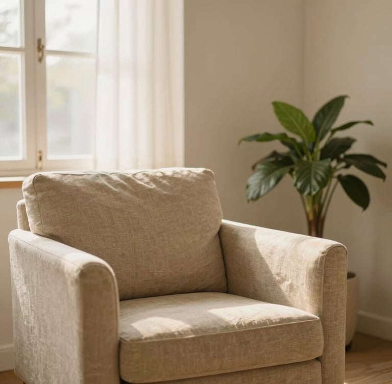 A warm-toned therapy office with a soft linen armchair, a green potted plant in the corner, diffused morning light, peaceful atmosphere