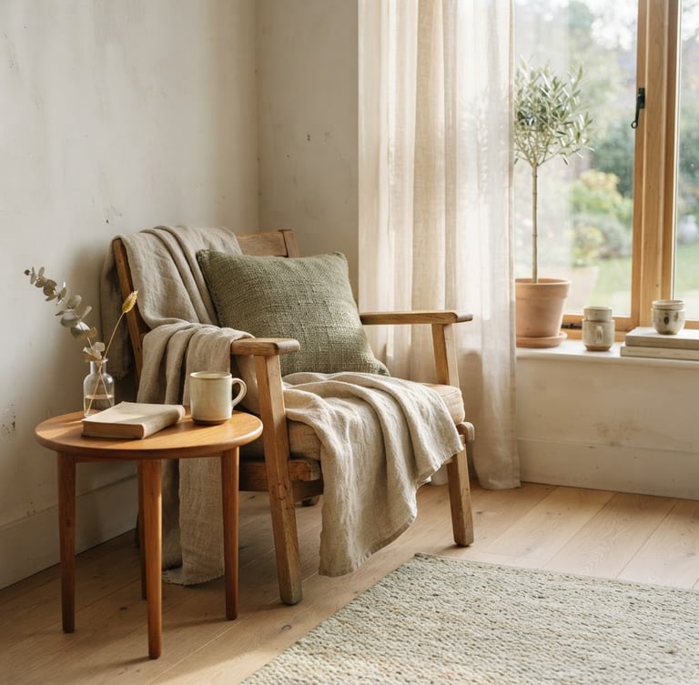 A quiet indoor space with natural wood and linen textures, soft morning window light casting gentle shadows, minimalist aesthetic
