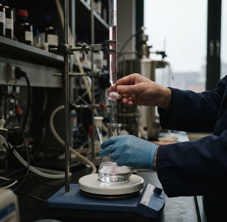 Close-up of a chemist's hands performing a titration test on a clear liquid sample in a laboratory, precision glassware, muted industrial background, overcast daylight, deep navy and steel tones.