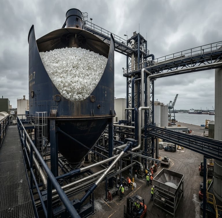 Wide panoramic view of raw industrial polymer pellets in a large storage silo, overcast daylight, deep navy and steel tones, cinematic composition.