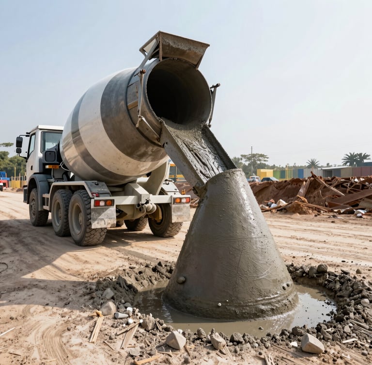 Low-angle wide shot of a heavy transit mixer discharging wet concrete into a slump test cone on a dusty Mangalore construction site, harsh morning light, high contrast steel tones.