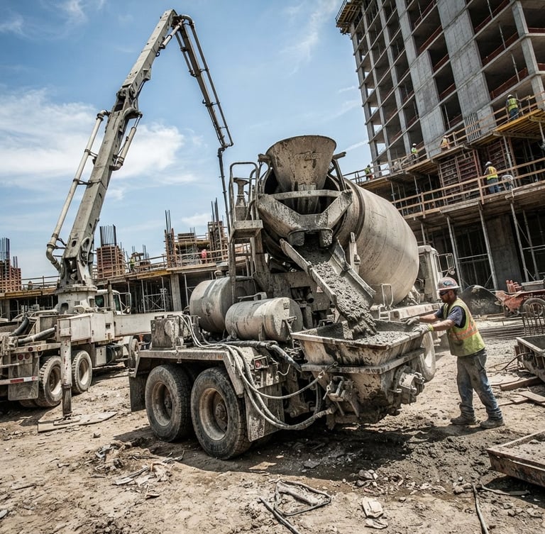 Low-angle wide-angle shot of a massive transit mixer truck discharging wet concrete into a high-reach boom pump hopper at a dusty construction site, harsh bright daylight, high-contrast steel and concrete tones, industrial grit photography.
