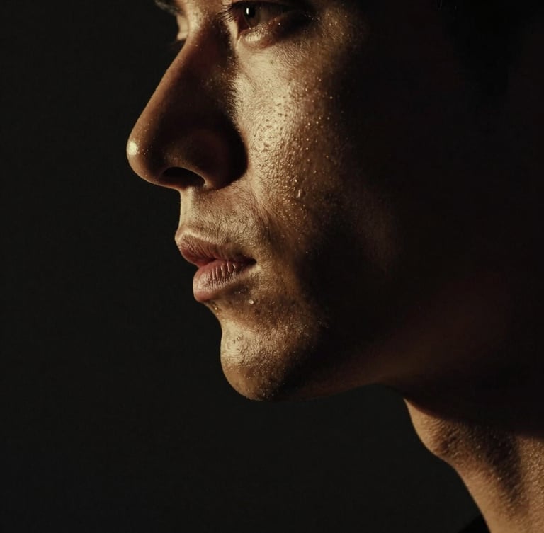 Dramatic chiaroscuro macro portrait of a man's sharp jawline and profile, low-key studio lighting, deep shadows, brushed gold undertones, 35mm.