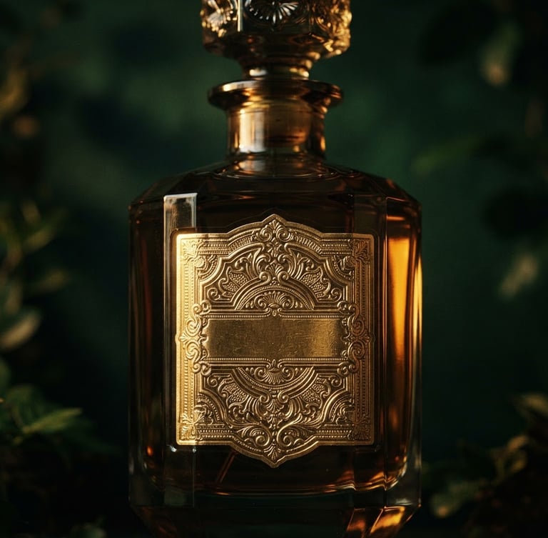 Dramatic low-key product photography of a heavy glass Sovereign Aroma bottle on a dark forest green background, rich gold side-lighting, macro detail of the gold foil label, 35mm