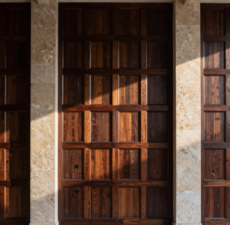 Symmetrical architectural interior, close-up of a wall with dark wood lambrin panels and natural stone accents, warm ambient lighting casting soft shadows, high-contrast editorial photography