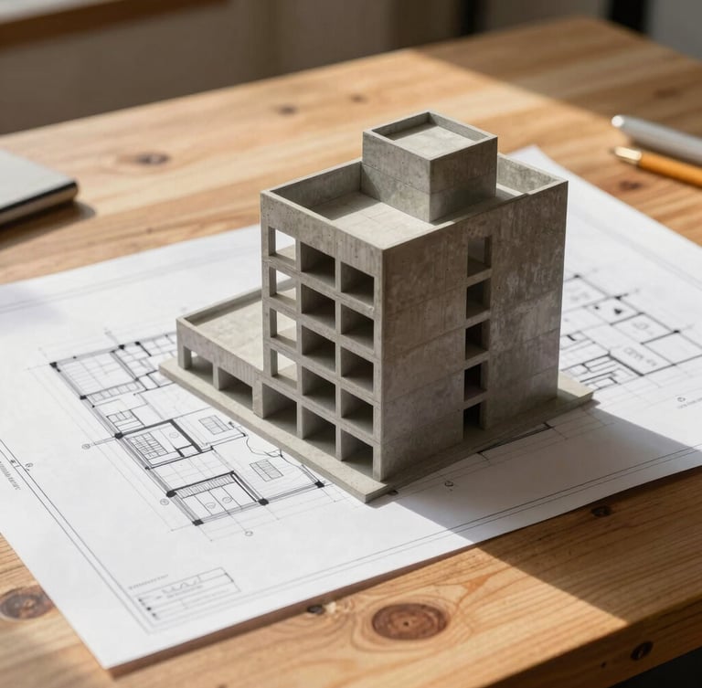 Architectural blueprint on a wooden work table, with a physical scale model of a concrete building beside it, warm natural side light