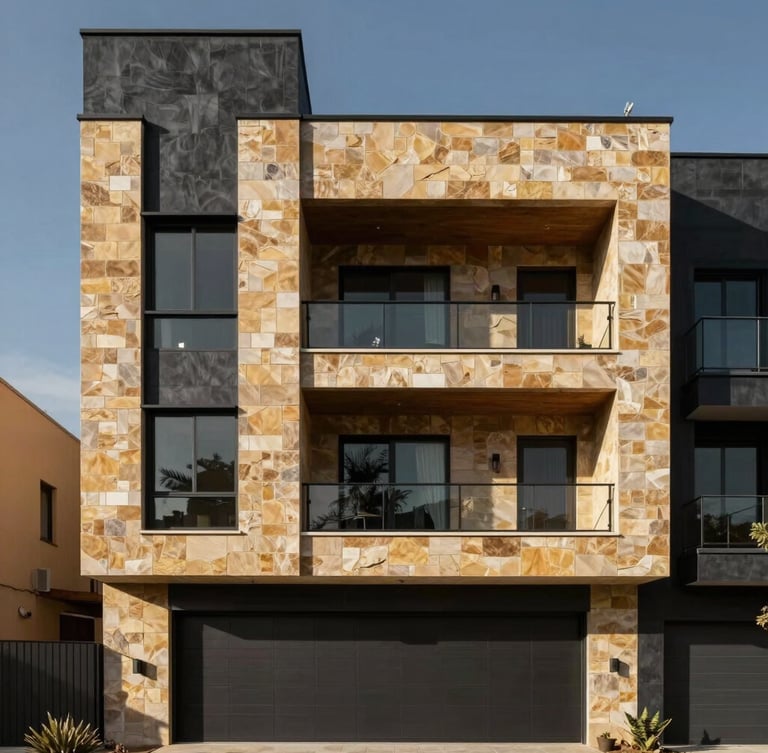 Sharp architectural photography of a modern residential facade in Hidalgo, high-contrast natural sunlight casting geometric shadows, warm stone and charcoal finishes.
