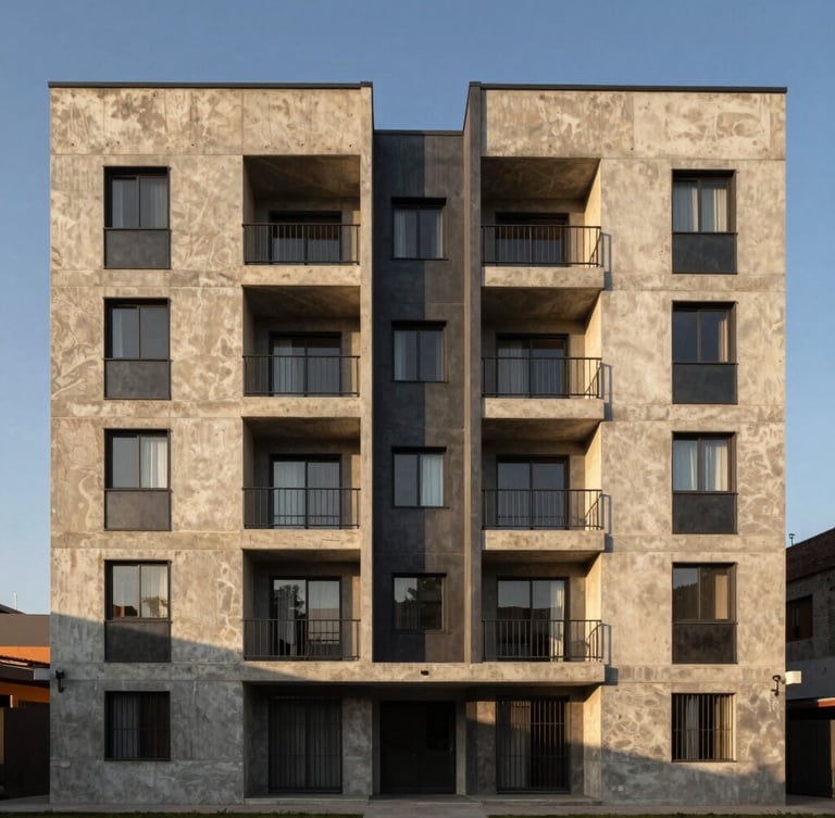 Symmetrical straight-on shot of a modern four-story concrete and steel apartment building in Tezontepec de Aldama, sharp architectural lines, warm afternoon sunlight casting geometric shadows, editorial style
