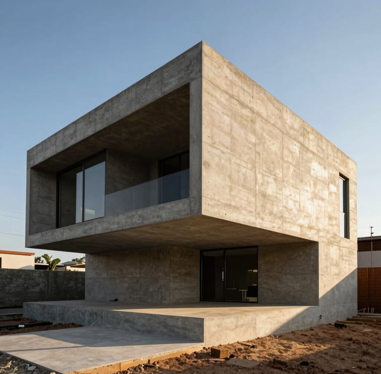 Sharp architectural photography of a modern concrete house under construction in Hidalgo, high-contrast natural sunlight, clean geometric lines.