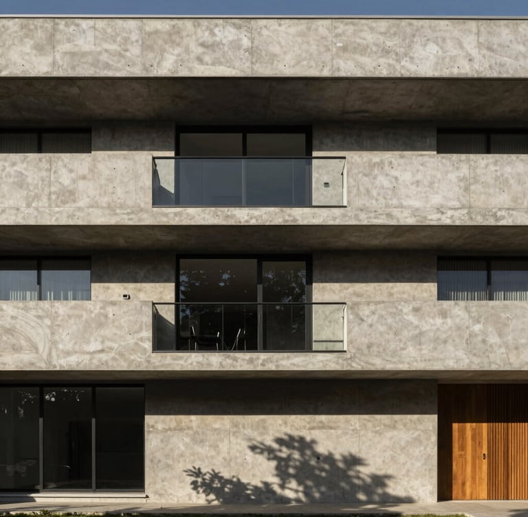 Sharp architectural photography of a minimalist concrete and glass residential facade in Hidalgo, high-contrast natural sunlight casting deep geometric shadows, warm amber accents.