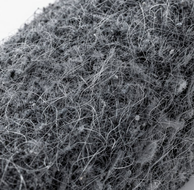 Macro photograph of high-density rock wool fibers, crisp technical studio lighting, showing dense mineral structure, cool slate tones, 35mm