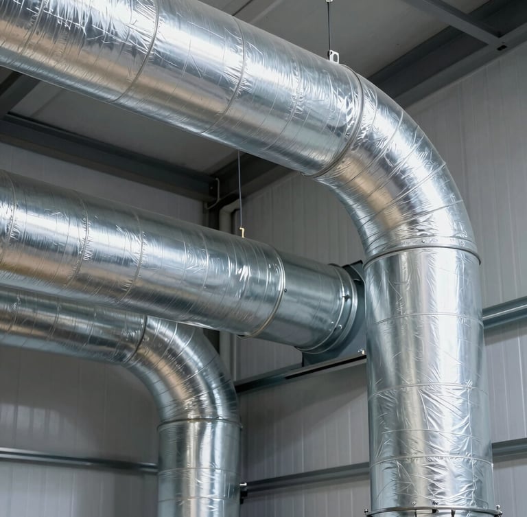 Crisp industrial mechanical room, large metallic HVAC ducts wrapped in silver-faced glass wool insulation, bright daylight, 35mm