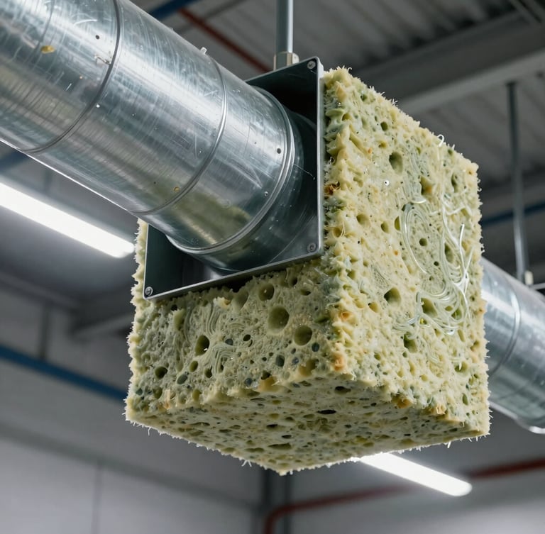 Close-up of a heavy-duty rectangular steel duct wrapped in dense rock wool insulation, installed in a modern industrial ceiling, crisp technical lighting