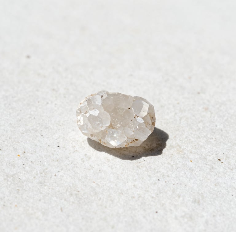 A close-up of pure raw mineral crystals on a textured white stone surface, bright natural daylight, sharp focus, 50mm lens, minimalist slate tones