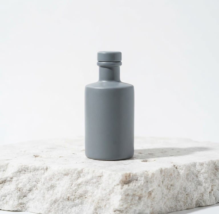 A minimalist slate gray bottle on a raw, textured white stone slab, bright high-key clinical lighting, soft clean shadows, 50mm lens