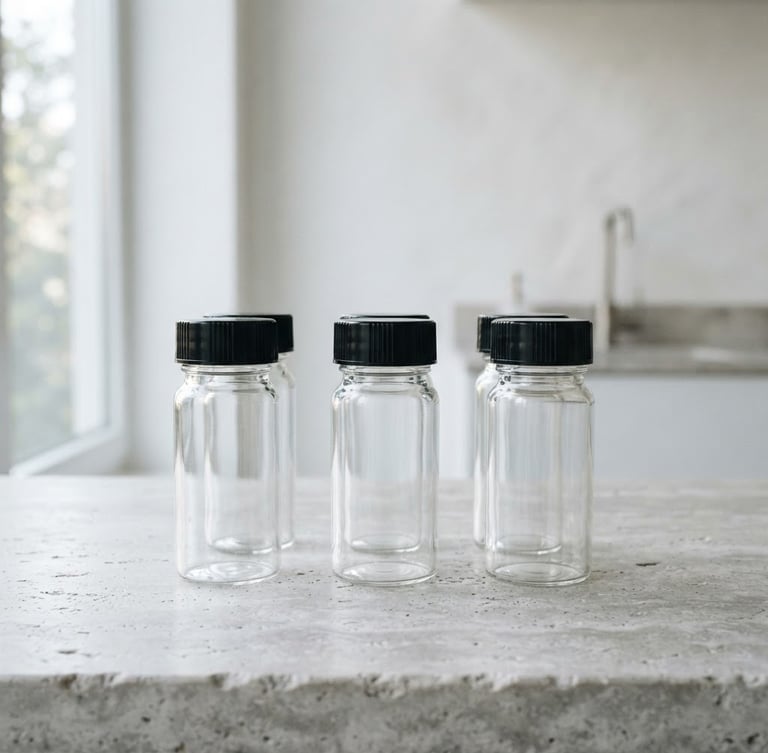 A minimalist laboratory setting with clean glass vials on a light textured stone surface, bright natural daylight, sharp focus.