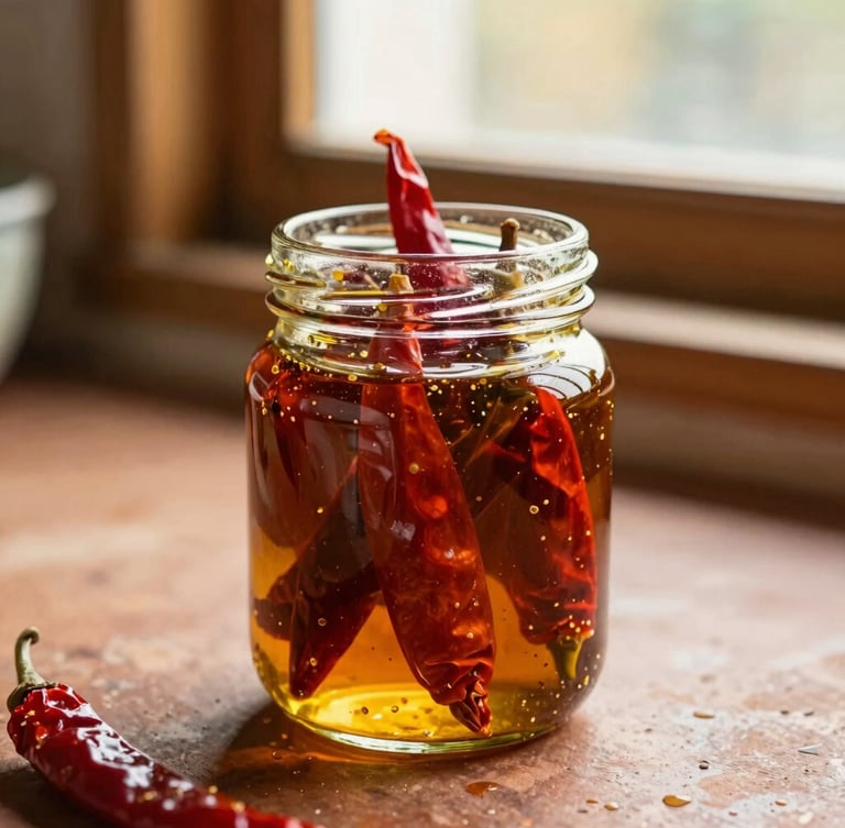Tight macro shot of sun-dried red chili pickles glistening in mustard oil inside a glass jar, warm afternoon kitchen window light, rustic clay surface