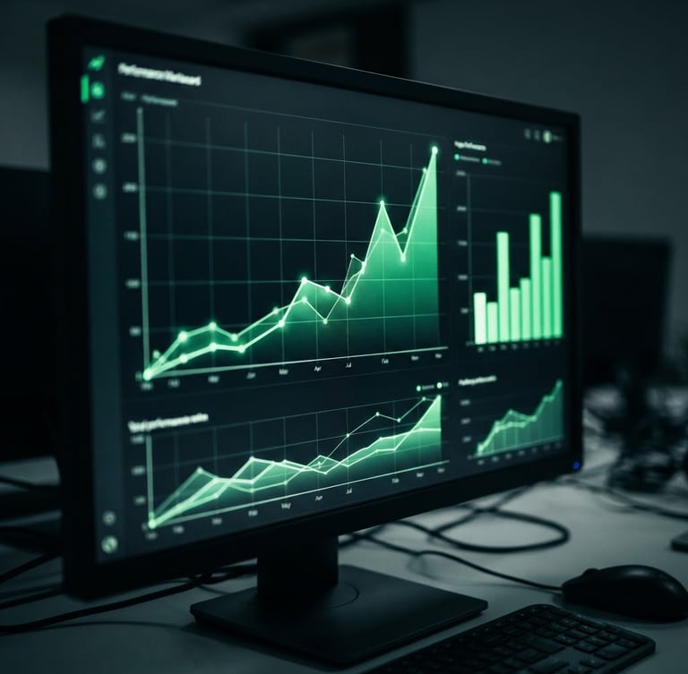 Macro shot of a glowing performance marketing dashboard showing positive green charts on a deep charcoal screen, technical gridlines, high contrast, 35mm lens.