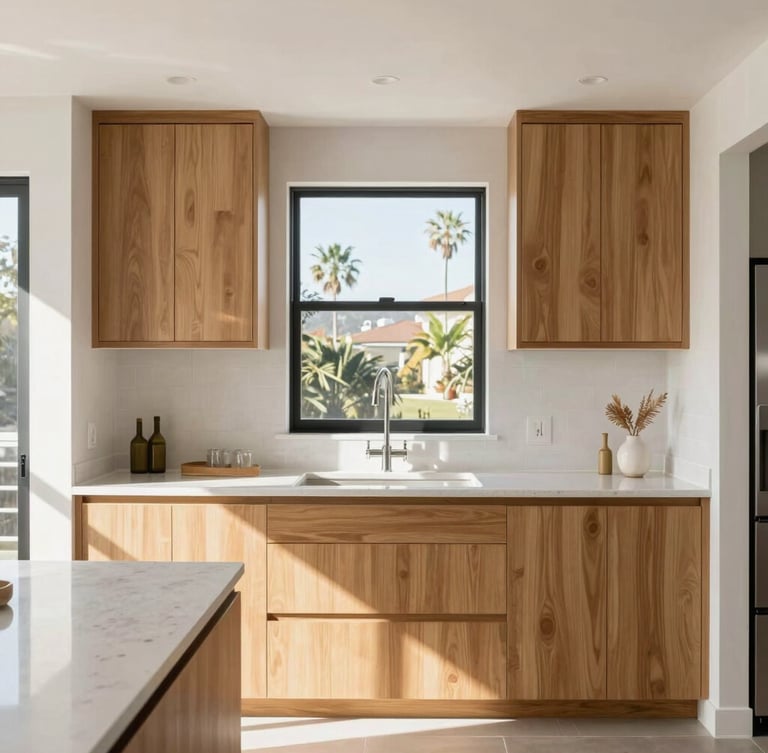 Straight-on architectural photograph of a sunlit modern kitchen, oak cabinets, clean quartz countertops, warm Southern California afternoon light streaming through a window, highly detailed, 35mm lens.