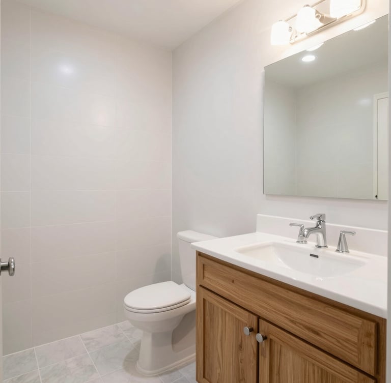 Wide-angle architectural photograph of a bright, completed bathroom remodel, clean grout lines, custom oak vanity, natural light, 35mm lens.