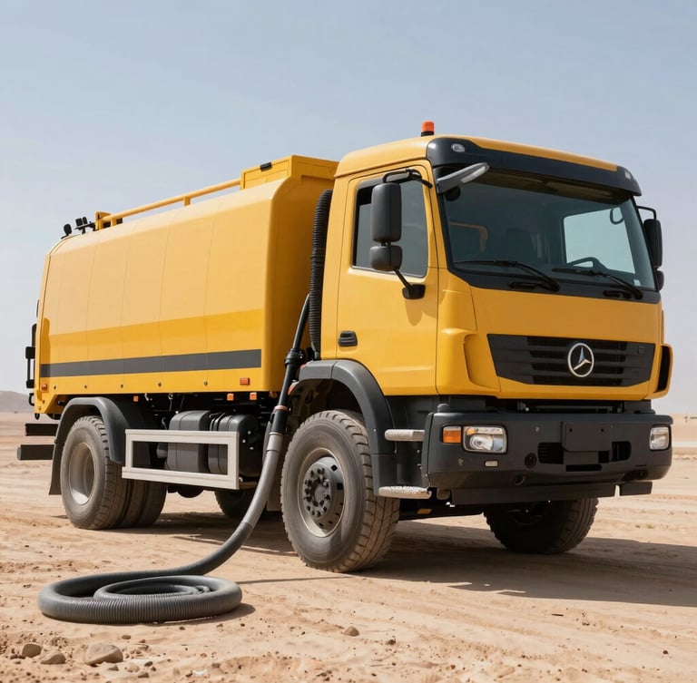 Dynamic low-angle shot of a yellow and black heavy-duty vacuum truck, high-pressure jetting hose coiled, desert daylight, sharp metallic textures