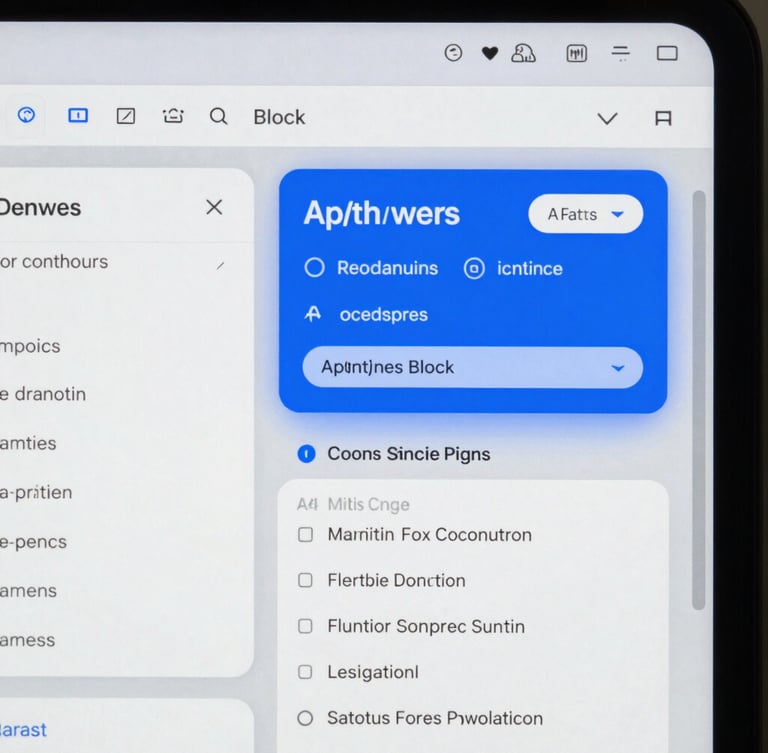 Cool-toned, sharp studio lighting with distinct shadows. Extreme close-up of a custom WordPress block editor interface, showing clean UI panels, structured metadata fields, and a subtle electric cobalt blue highlight on an active AI-tagging module. No people.