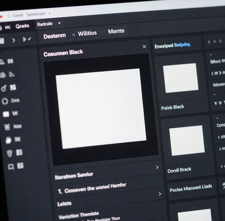 Extreme close-up of a dark-mode WordPress editor interface showing custom block configurations, sharp cool-toned studio lighting, crisp typography.