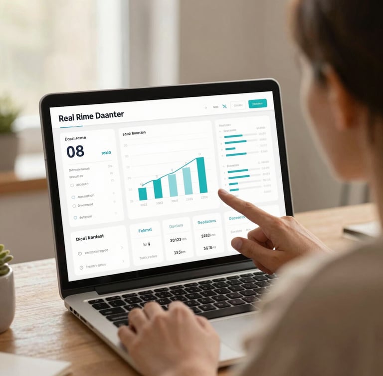 Over-the-shoulder view of a digital marketer analyzing real-time donation dashboards under soft warm window light, warm earth tones, shallow depth of field