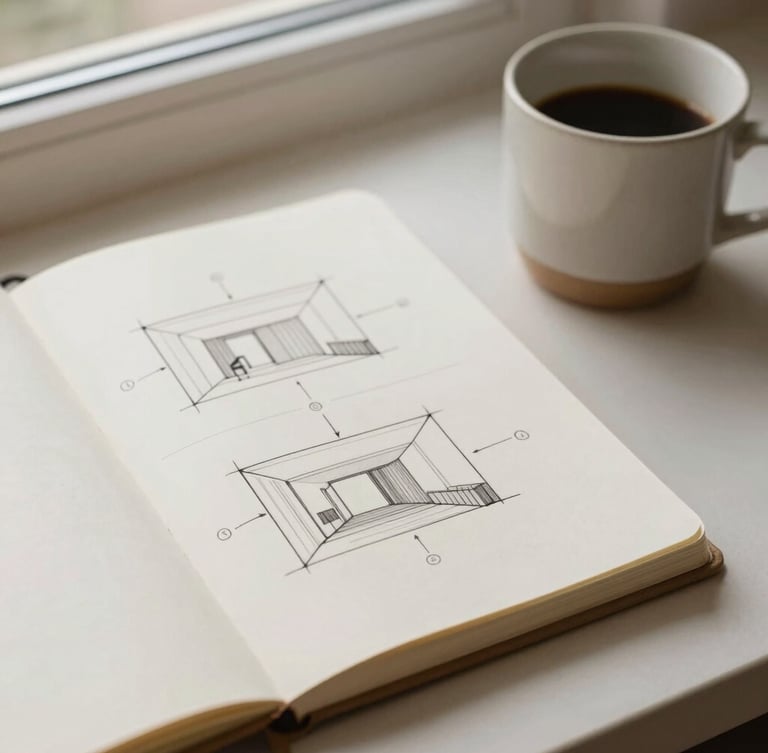 Minimalist flat-lay of a modern notebook with clean architectural sketches of user flows, beside an elegant ceramic cup, soft natural window light, earth tones
