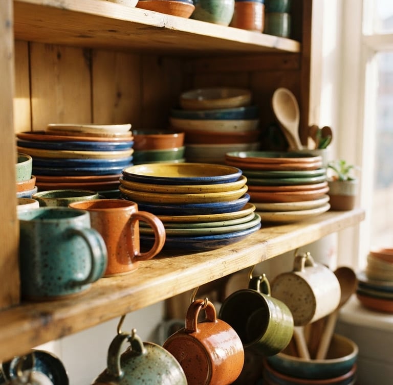 A cozy kitchen cupboard with stacked, colorful ceramic plates and heavy-bottomed mugs catching warm morning sunlight, 35mm lens.