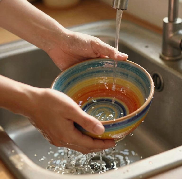 Tactile close-up of hands washing a colorful ceramic bowl in a rustic kitchen sink, warm direct morning sunlight, water droplets on the glazed surface.
