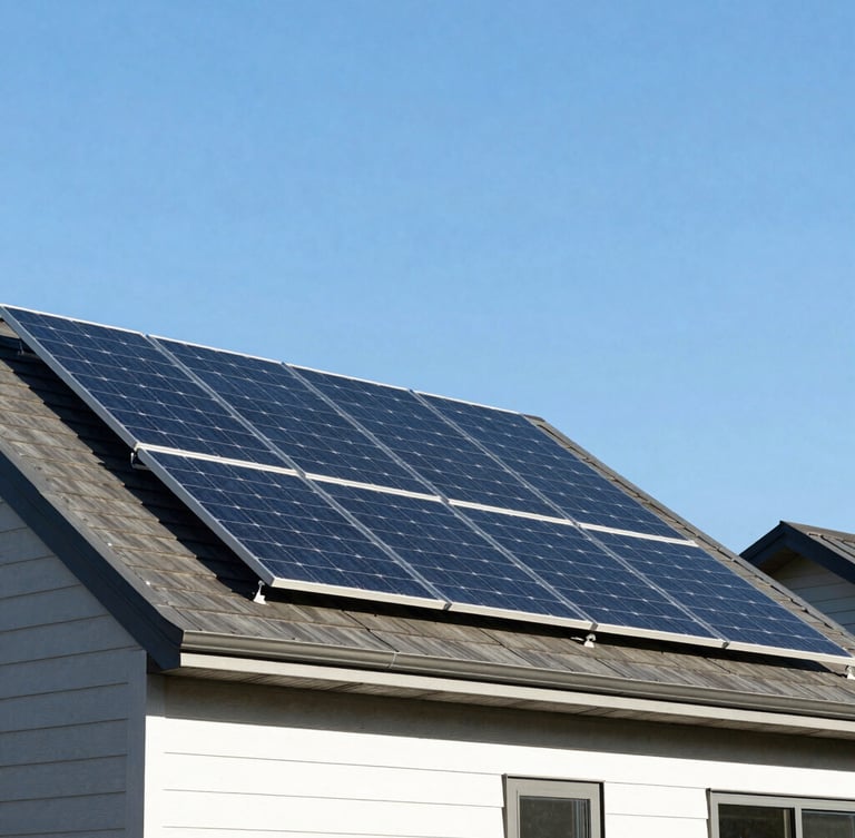 Architectural shot of solar panels on a modern Pacific Northwest home, low-angle, crisp morning light, clean blue sky, sharp details, bleeding to the right edge.