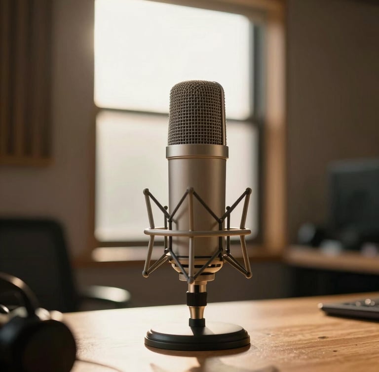 Modern radio broadcast microphone in a warm studio, soft golden hour Dominican sunlight streaming through a window, shallow depth of field, serene atmosphere.
