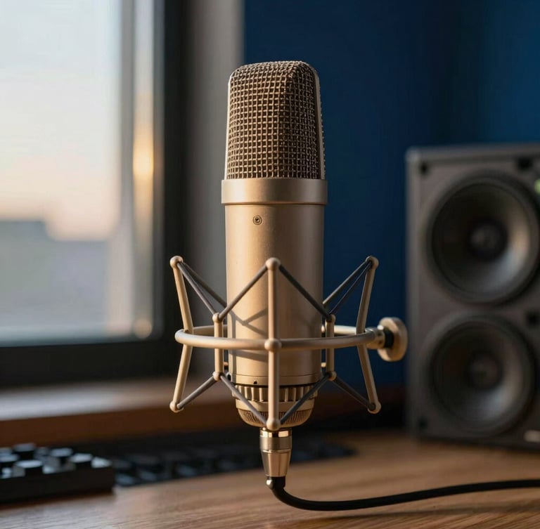 Primer plano de un micrófono de condensador en un estudio de radio moderno, bañado por una luz dorada y cálida de atardecer que entra por una ventana lateral, con sutiles destellos sobre la rejilla metálica, fondo desenfocado en tonos azul marino y madera natural.