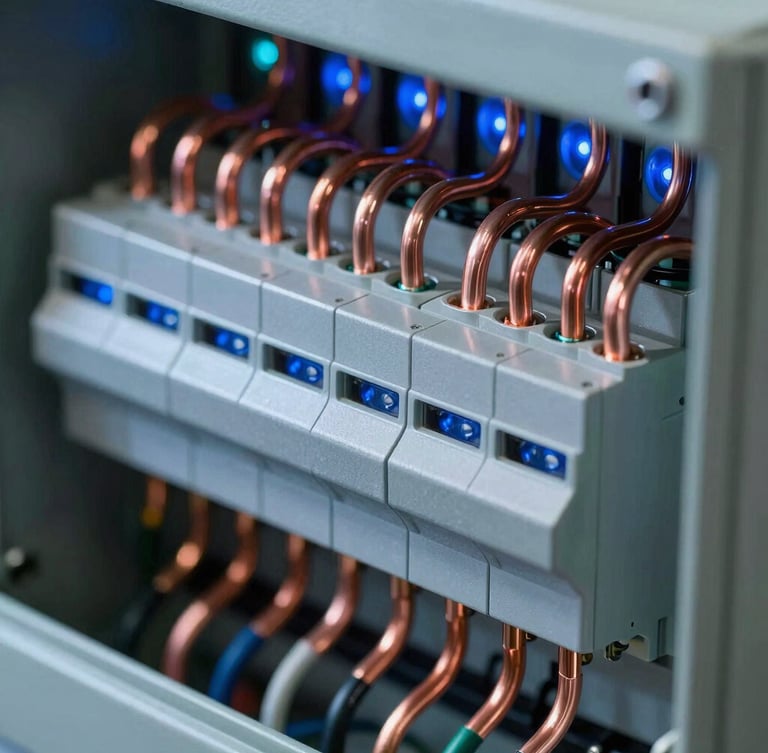 Macro shot of a high-tech industrial electrical panel with perfectly aligned copper busbars and neat wiring, dramatic blue LED lighting reflecting on metallic components.
