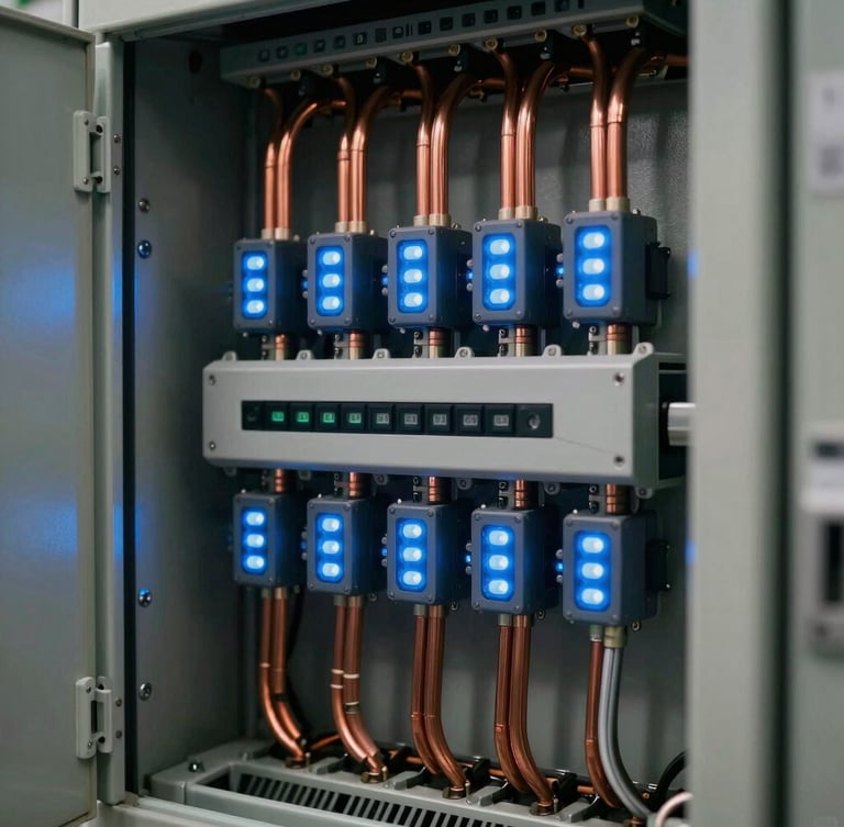 Macro shot of an impeccably organized industrial electrical panel, copper busbars running vertically, electric blue status LEDs glowing in a dark, high-tech control room.