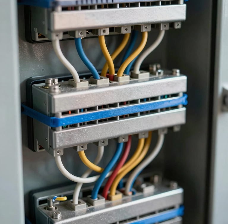 Close-up high-contrast shot of structured electrical wiring inside a control cabinet, organized cables secured with electric blue ties, metallic surfaces reflecting light.