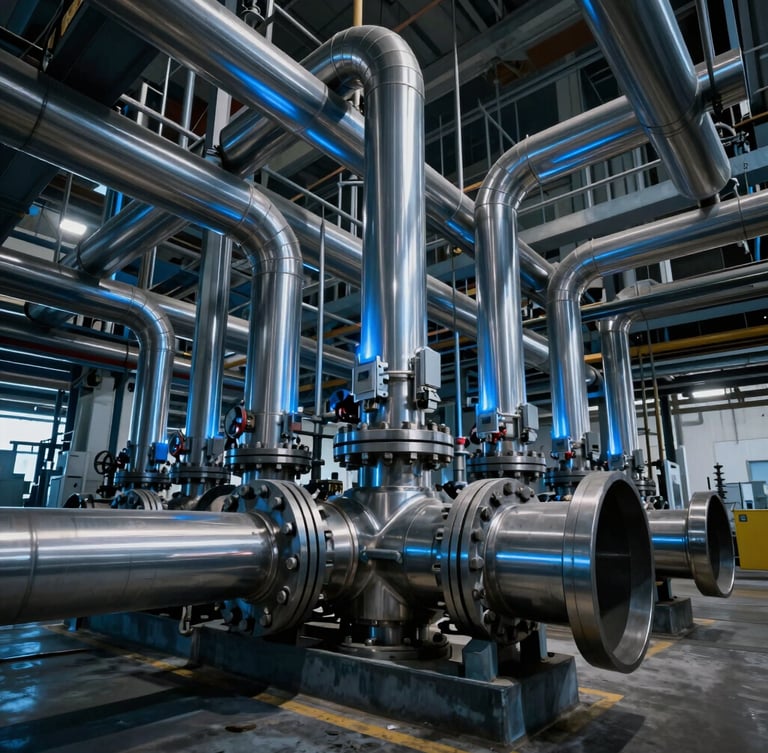 Dramatic high-contrast industrial photography of complex hydraulic steel piping systems inside a modern factory, electric blue LED lighting reflecting off polished metal surfaces, deep graphite shadows, wide cinematic angle.