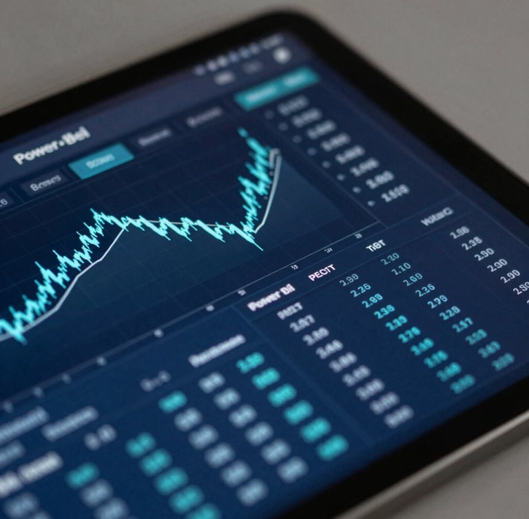 Close-up macro shot of a tablet displaying complex financial analytics and Power BI dashboards, cool-toned studio lighting, sharp cyan data-line accents, 35mm lens