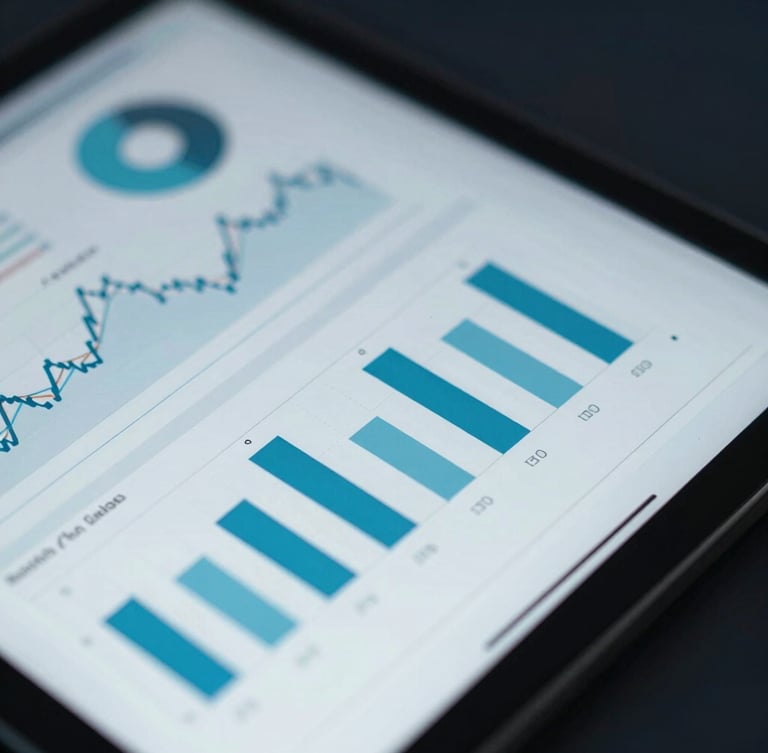 Close-up macro shot of a tablet displaying complex financial analytics and charts, cool silver and cyan reflections, professional executive setting