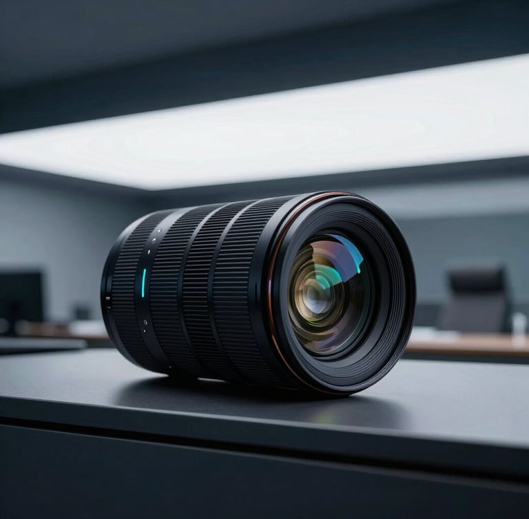 Sleek macro photography of a modern executive office overlooking a high-end automotive showroom, cool studio lighting with sharp cyan reflections, 35mm lens