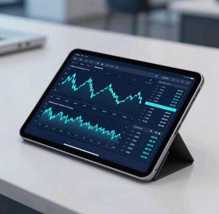Close-up of a tablet displaying complex financial charts and cyan data nodes in a modern automotive showroom, cool studio lighting, 35mm lens