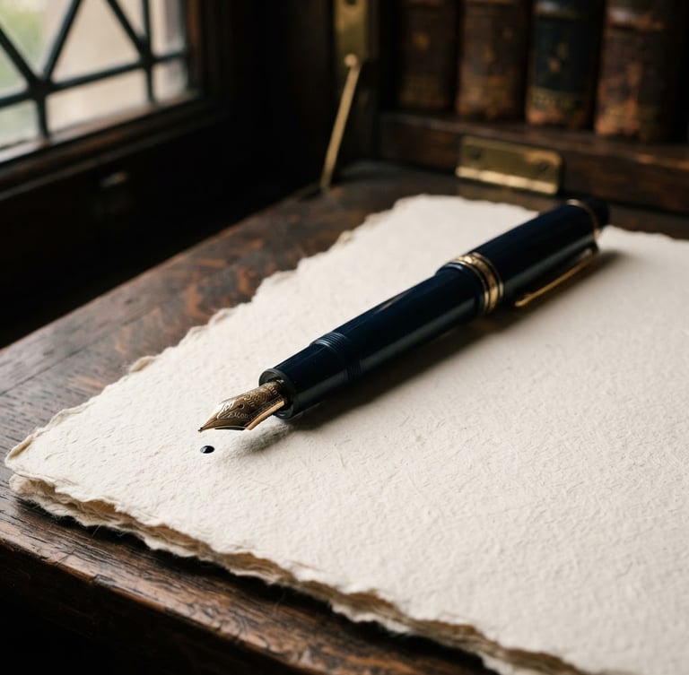 Macro close-up of a classic fountain pen resting on textured heavy paper in a quiet library corner, soft indirect natural light with deep shadows, rich textures, 35mm editorial style.