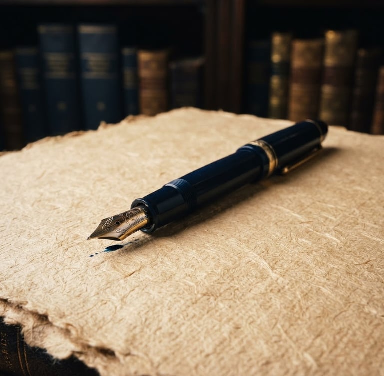 Macro close-up of a classic fountain pen resting on heavy champagne-textured paper, soft indirect library light, deep navy shadows, 35mm editorial photography