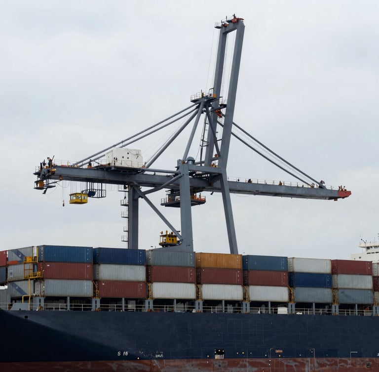Wide-angle industrial port crane towering over a massive container ship, overcast daylight, deep steel gray tones, sharp wide-angle lens