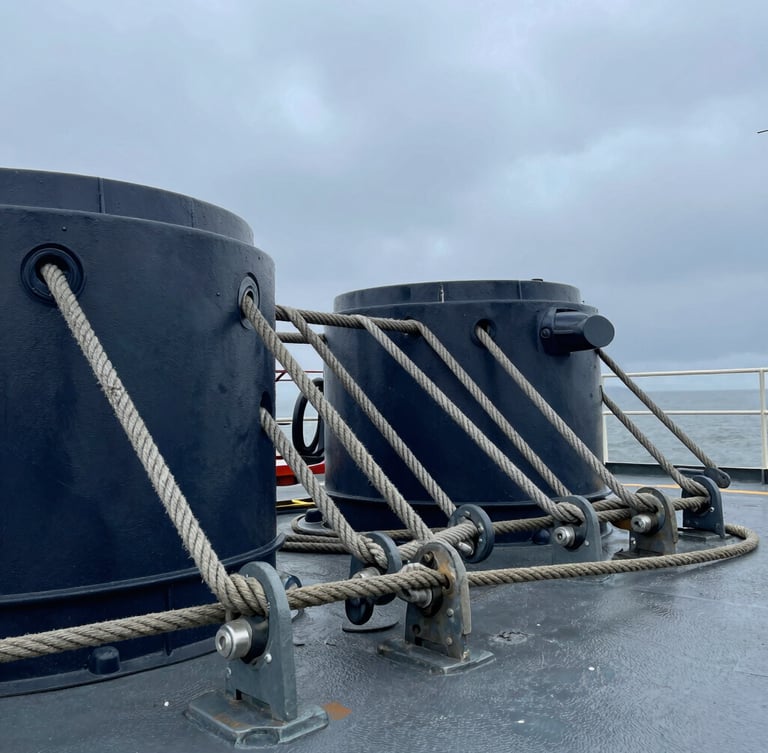A close-up of heavy-duty steel mooring ropes and marine deck equipment on a ship, industrial texture, overcast daylight