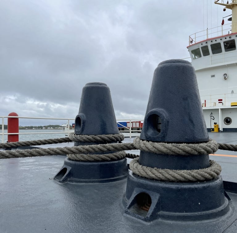 Close-up of heavy-duty steel marine hardware and mooring ropes on a cargo ship deck, overcast harbor lighting, sharp industrial detail.